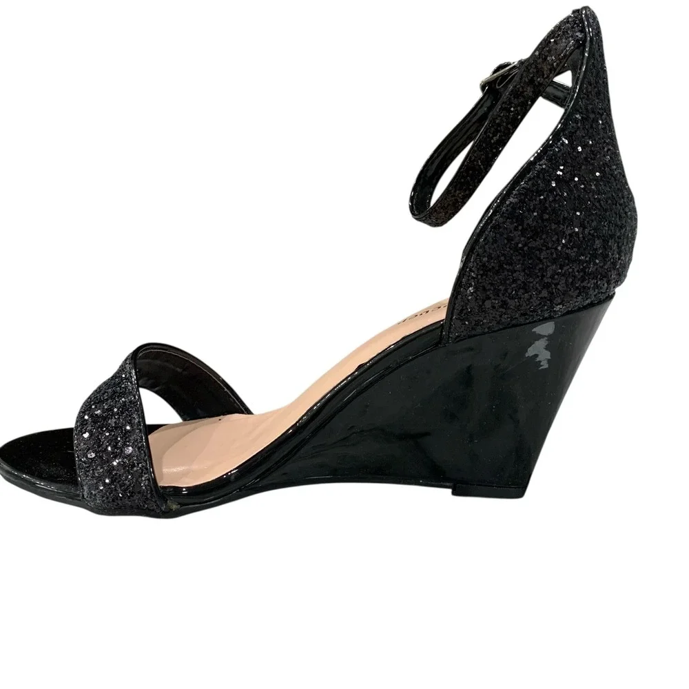 Forever Ashlyn-18 Black Glitter Wedge Sandals Ankle‎ Strap Heels 7.5 New